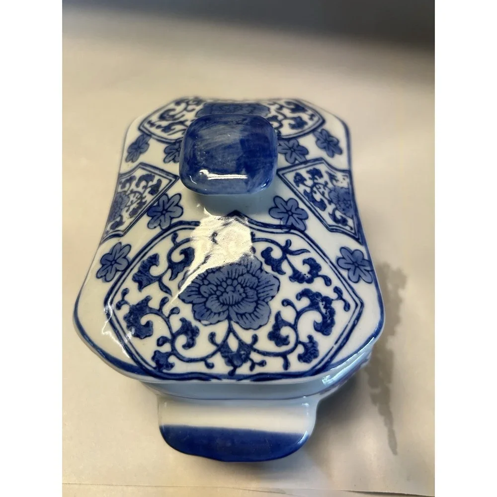 Vintage Blue & White Chinese Bowl with Lid, Hallmarked